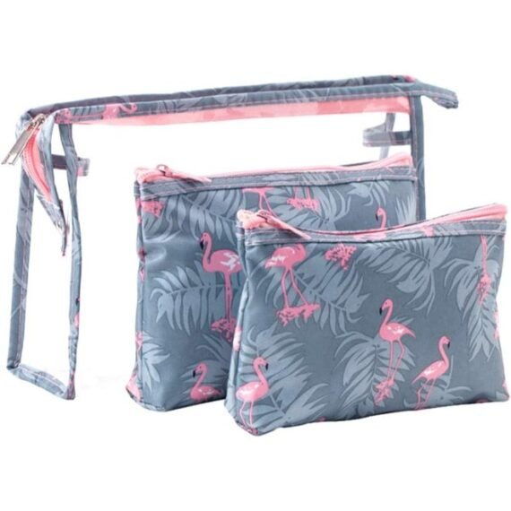 3-Piece Waterproof Cosmetic Bag Set Grey/Pink