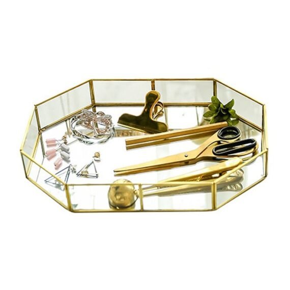 Nordic Polygon Glass Makeup Organizer Tray Gold/Clear