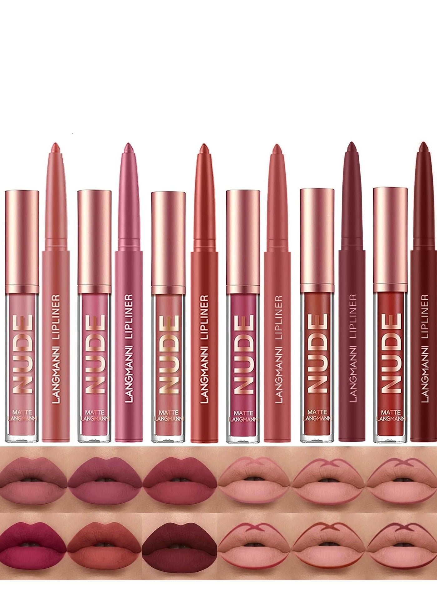 LANGMANNI 6 Matte Lipstick with 6 Lipliners Durable Makeup Set,Long-Lasting Non-Stick Cup Not Fade Waterproof Pigmented Velvet Lipgloss Kit Beauty Cosmetics Makeup Gift for Girls (#A)