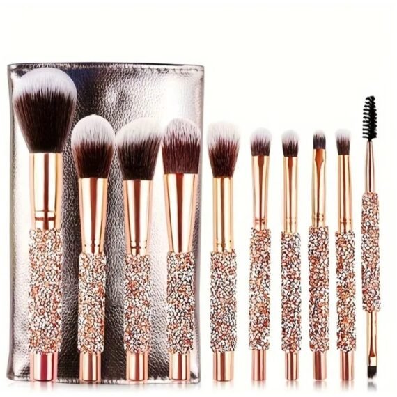 10 Pcs Makeup Brush set With Golden Handle, Foundation, Eyeshadow and Contouring