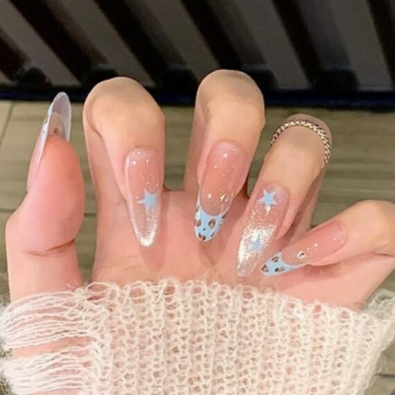 Blue Star Gradient French Tip Press On Nails | 24PCS Long Coffin Shape Reusable ABS Nails | Glossy Sparkling Finish | Scratch Resistant Waterproof | Easy Apply Natural Fit | Elegant Nail Art Set | Salon-Quality Home Manicure | Perfect for Party & Gift
