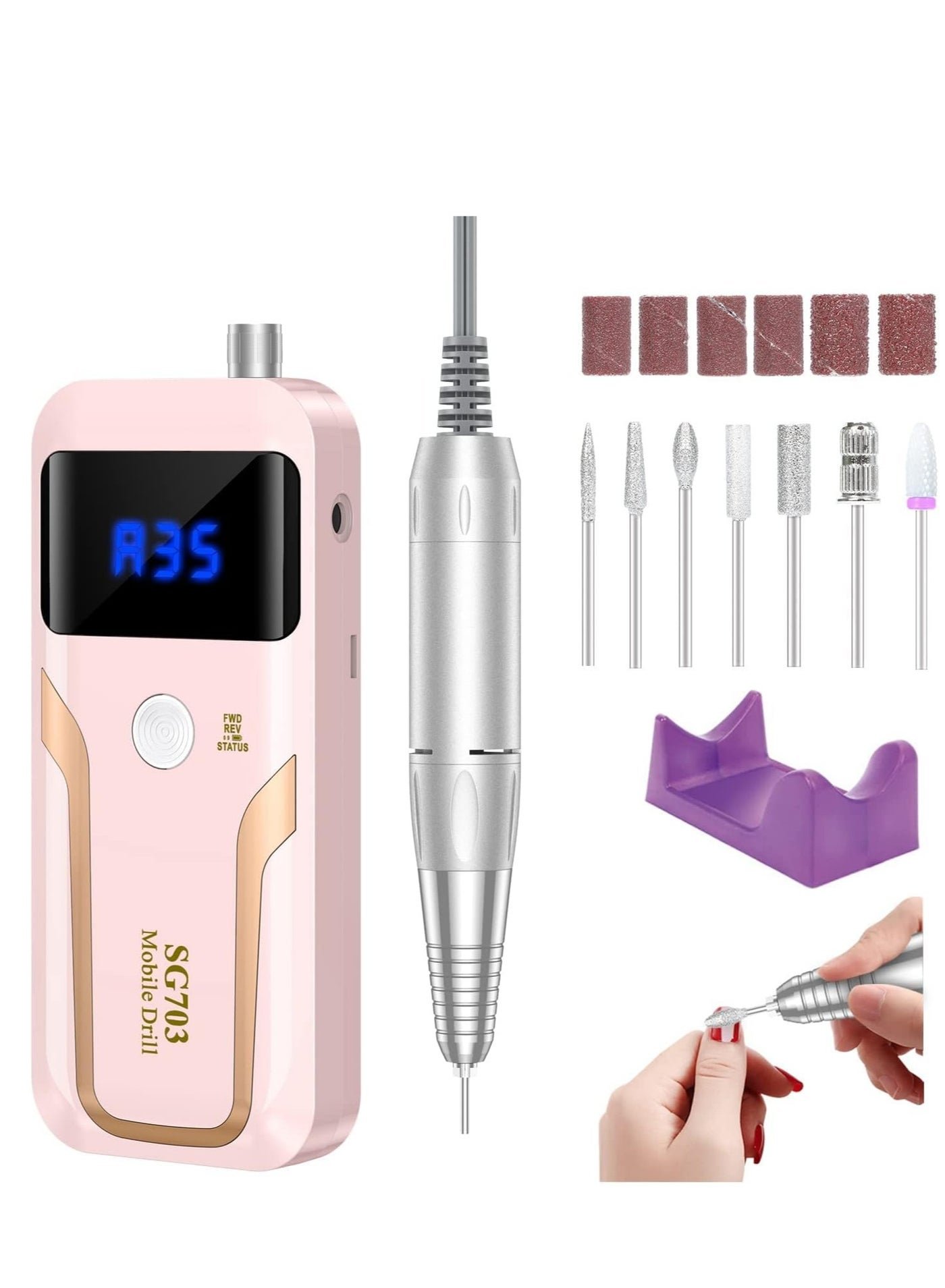 Portable Nail Drill Professional 35000 RPM, Rechargeable Electric File Machine E for Acrylic Nails Gel Polishing Removing, Cordless Efile with Bits Kit Manicure Salon Home, Pink