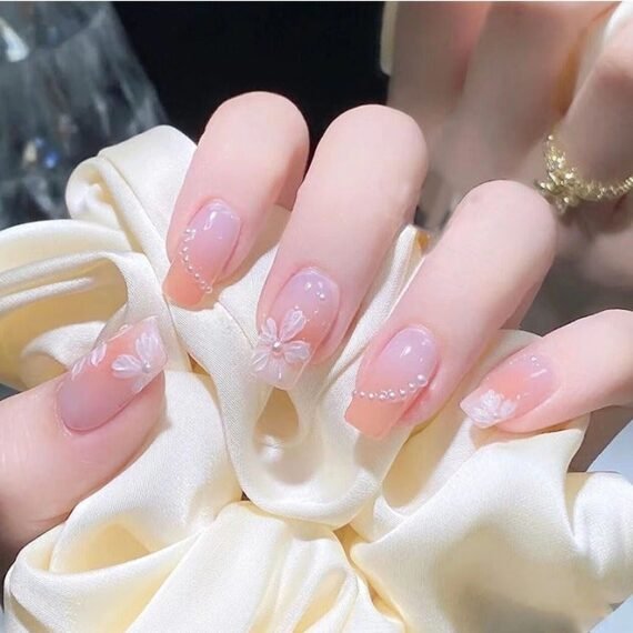24Pcs Fake Nails, Press Nails, Mid-length Ballet Manicure - Camellia Manicure - Gradient Orange Pearl Manicure - Fake Nail Patch