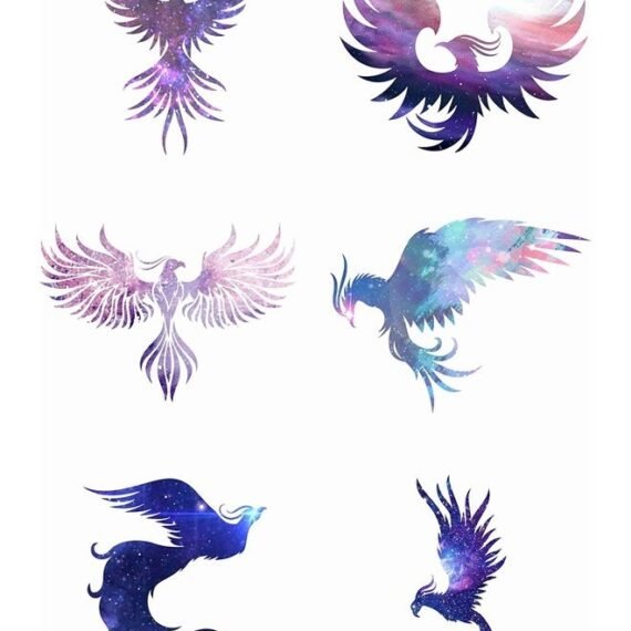 6 Sheets Temporary Tattoo Phoenix Purple Bird Starrysky Fake Tattoos Hand tattoos for Women Girls