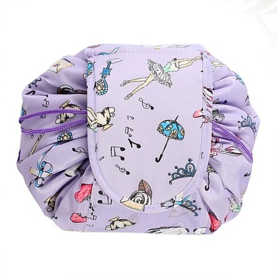 Make up Bag Drawstring Travel Cosmetic Bag Round Magic Toiletry Beauty Kit Pouch Music Design Purple