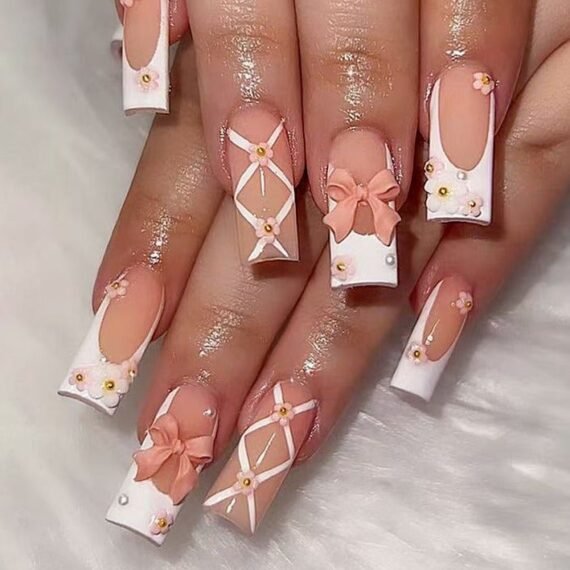 French Tip Press on Nails Short Square Shape Bow Charms Fake Nails with Print Designs Reusable Pink Bows False Nails Acrylic Nails Glue on Nails for Women Girls Reusable Nail Kit