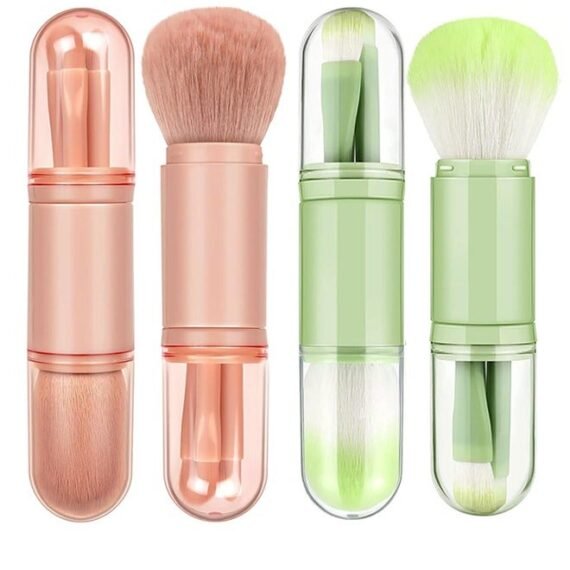 2 Sets Travel Brush Makeup Set, 4 in 1 Mini Portable Lip Brush Foundation Blending Powder Eye Shadow Brush for Women Facial Retractable Set(Pink + Green)