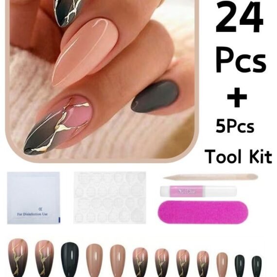 24Pcs False Nails+5 Pcs Tool Kit Impress Press-On False Nails Marble Texture