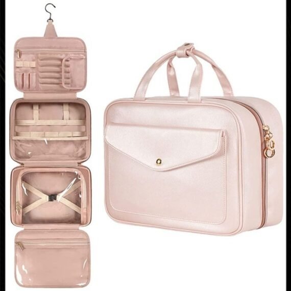 Toiletry Bag Hanging Travel Makeup Bag for Women Large Waterproof Cosmetic Bag Travel Organizer Full Sized Container with Elastic Band Holders for Toiletries Cosmetics Brushes Bottle Pink