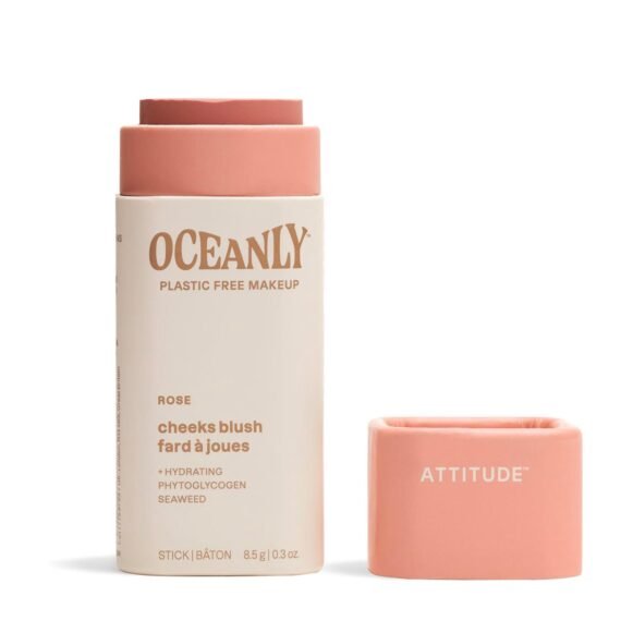 ATTITUDE Oceanly Plastic-Free Lightweight Blush Stick, Titanium Dioxide-Free, EWG Verified, Vegan & Cruelty-free Makeup, Rose, 0.3 Ounces