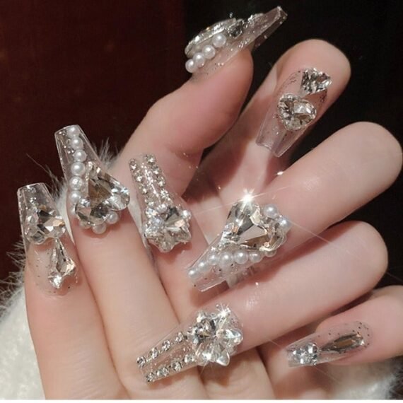24Pcs Fake Nails, Press Nails, Mid-length Ballet Manicure - Sparkling Big Diamond Pearl Manicure - Snowflake Diamond Manicure - Fake Nail Patch