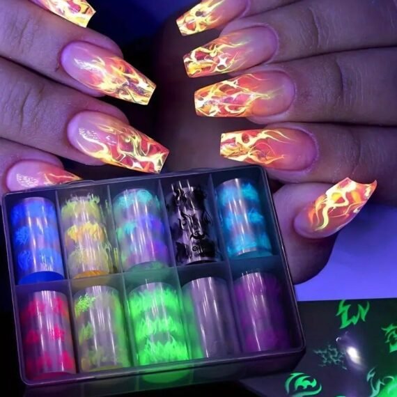 10 Rolls Glow-in-the-Dark Flame Nail Foil Transfer Stickers Kit, Neon Nail Art Decals, Luminous Nail Art Decals For Women And Girls For Music Festival