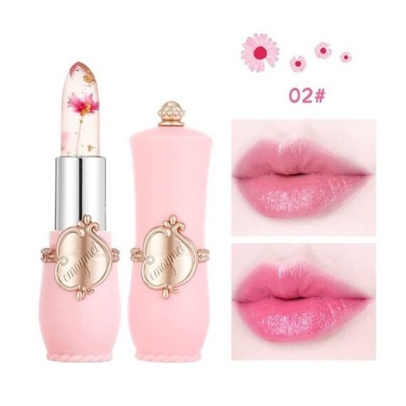 3Pcs Crystal Flower Jelly Lipstick Set,Magic Temperature Color Change Lip Gloss Long Lasting Clear Nutritious Moisturizer Lip Balm (Pink) (flower lipstick)
