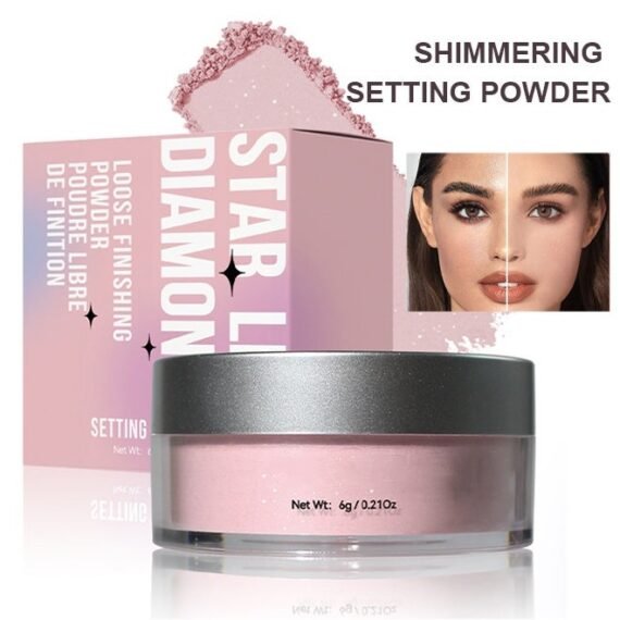 Star Lit Diamond Loose Finishing Powder,Pink Translucent Setting Powder, Shimmer Finishing Powder Oil Control for Long Lasting Makeup, Lightweight Loose Powder Waterproof Makes Skin Downy, Blurring Powder for All Skin Tones, 02 Shimmering Pink