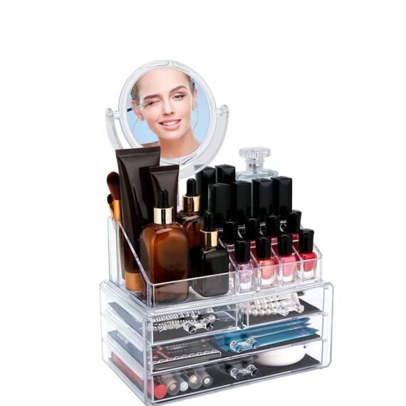Acrylic Cosmetic Makeup Organizer with Mirror and Storage for Skin Care Cosmetics, Jewelry, Nail Polish, Hair Accessories