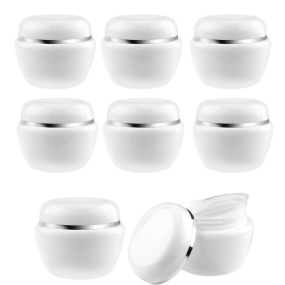 Cosmetic Sample Jars, Refillable 50ml/50g White Plastic Travel Pot Containers with Silver Dome Lids and Inner Liners for Makeup Creams Beauty Nails Jewelry 8Pcs