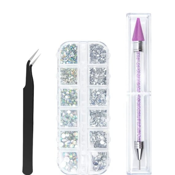 ORiTi Nail Art Rhinestone Decoration Set With Curved Tweezer Purple