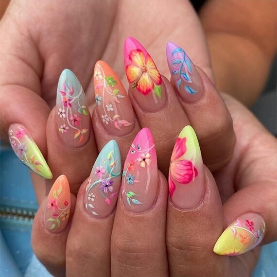 Press On Nails Short Almond - French Tip Fake Nails Medium Length Glue On Nails Gel Reusable Stick On Nails False Nails With Design - 24 PCS