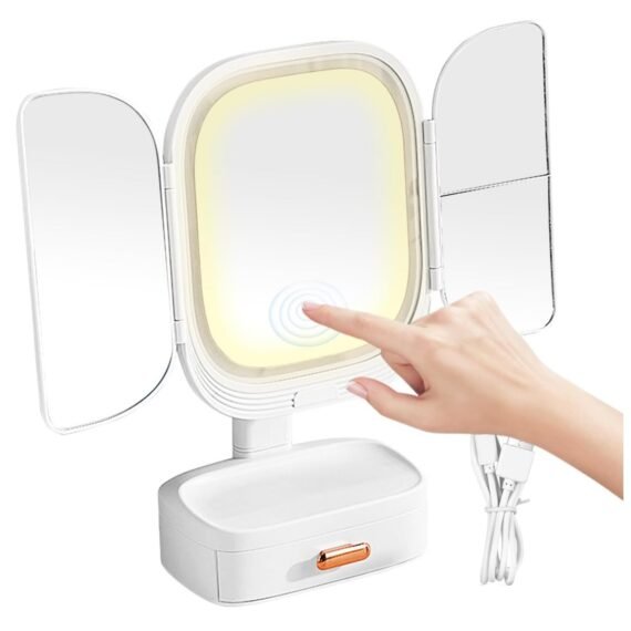 Folding Lighted Makeup Mirror, Trifold Makeup Mirror Vanity Mirror, Touch Control, Rotatable Table Makeup Mirror with Storage Box, Angle Adjustable LED Vanity Mirror, for Desk, Bathroom, Bedroom