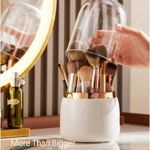 Lebenrich Rotating Makeup Brush Holder Organizer with Lid, Spinning Brush Holder Makeup Organizer with Clear Cover, Acrylic Cosmetics Make Up Brushes Storage Cup Container for Vanity