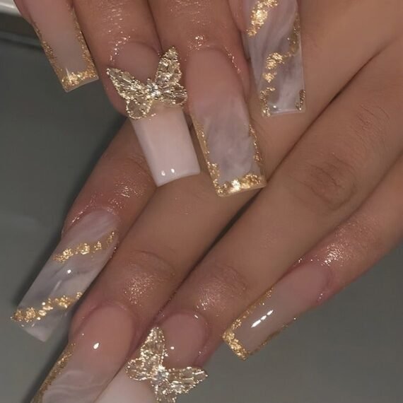 24Pcs Fake Nails, Press Nails, Mid-length Ballet Manicure - White Gradient Gold Foil Manicure - Golden Butterfly Manicure - Fake Nail Patch
