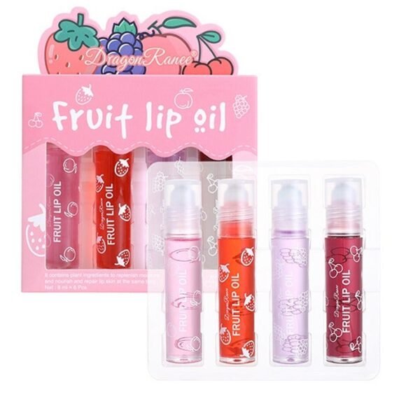 Fruit Lip Oil- Set 4PCS, Long Lasting Moisturizing Lip Balm, Roll-On Lip Gloss, Fruity Flavor Glossy Lip Make up for All Ages, Transparent Lip Gloss,Lips Gift Sets