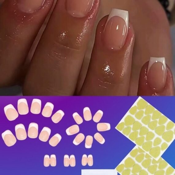 Press on Nails Set,False Nails,Fake Nails Set for Women Girls Nail Art Accessories with Glue Stickers for Easy Apply,Stick on Fingernails Set White French Tip Nails,Nude Pink Press on Nails Solid Glue On Nails Full Cover Short Square False Nails 24Pcs