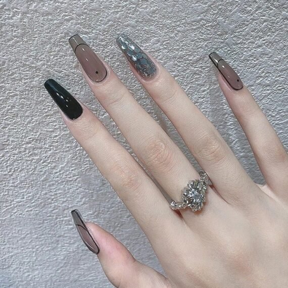 24Pcs Fake Nails, Press Nails, Mid-length Ballet Manicure - Shiny Black French Manicure - Clean Lines French Manicure - Fake Nail Patch