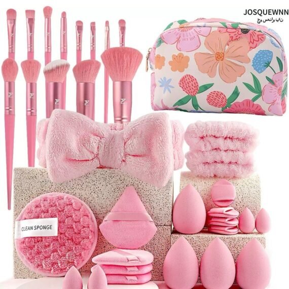 Makeup Brush Set 34Pcs Makeup Tool Set, Premium Synthetic Foundation Powder Concealers Eye Shadows Blush Makeup Brushes Powder Puff, Pink, 34 Piece Set.