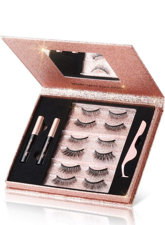 Magnetic Eyelashes with Eyeliner Kit 6 Pairs 3D Natural Look Reusable False Magnetic Eyelashes 2 Tubes Long Lasting Magnetic Eyeliner 10mL Mirror Box with Professional Tweezers
