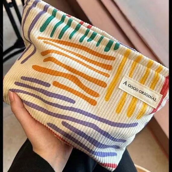 Color Stripes-corduroy Ladies Makeup Bag Travel Portable Cosmetic Bags for Women and Girls Large Capacity Canvas Makeup Bag Skincare Bag Organizer