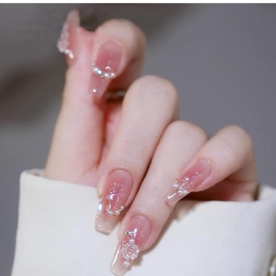 French Tip False Nails  24pcs Press On Nails Long  Ice Soaked Blush Camellia False Nails With Glue Long Coffin Shaped Elegant French Ballet Luxury Design Fake Nails