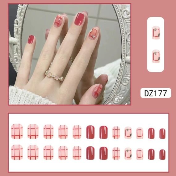 Cherry Red Plaid Press On Nails – Sweet Princess Style Pink Jelly Rhinestone Nail Tips, 24pcs Reusable, Party/Casual Wear