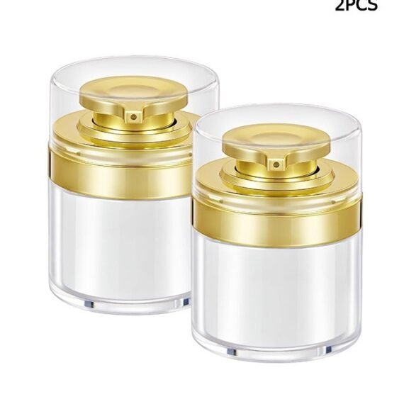 2 Pcs Cosmetic Jar Cream Jar 50 ML, Travel LeakProof Airless Pump Jars, Refillable Vacuum Cosmetic Containers for Cream Lotion Skincare Toiletries (Gold+White)