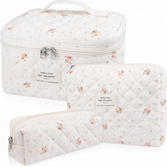 Cosmetic Bag, 3-Piece Cotton Quilted Makeup Bag Set, Large Floral Travel Toiletry Bag for Women, Aesthetic Toiletry Bags for Women Girls, Make Up Bag for Travel and Bathroom