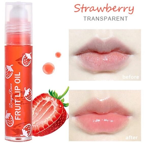 Fruit Lip Oil- Long Lasting Moisturizing Lip Balm, Roll-On Lip Gloss, Fruity Flavor Glossy Lip Make up for All Ages, Transparent Lip Gloss - Strawberry