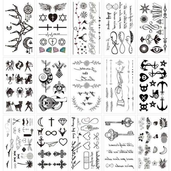 Glaryyears Fake Tiny Temporary Tattoo, 20 Pack Black Sketch Ink Line Small Tattoos Stickers, Various Styles for Fun Party Supplies Vacation on Body Face Hand Wrist