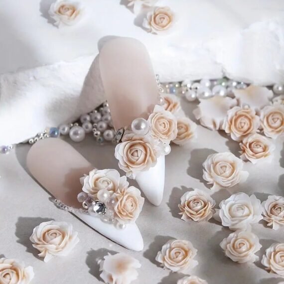 30pcs/bag Gradient Blue Rose Flower 3D Nails Charms Rhinestone Decoration Mixed Faux Pearl Charms Nail Art Accessories