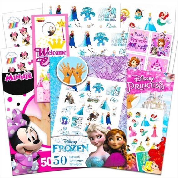 Tattoos Party Favor Set for Girls - 150 Temporary Tattoos Featuring Minnie Mouse, Disney Princess and Frozen with Stickers and Door Hanger (6 Tattoo Sheets)