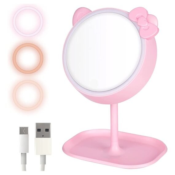 SYOSI Cosmetic Mirror, Hand Handle Makeup Mirror with LED Light, 7'' Desk Cosmetic Mirror Rechargeable, Touch Sensor Make Up Table Mirror with 3 Colors Lighting