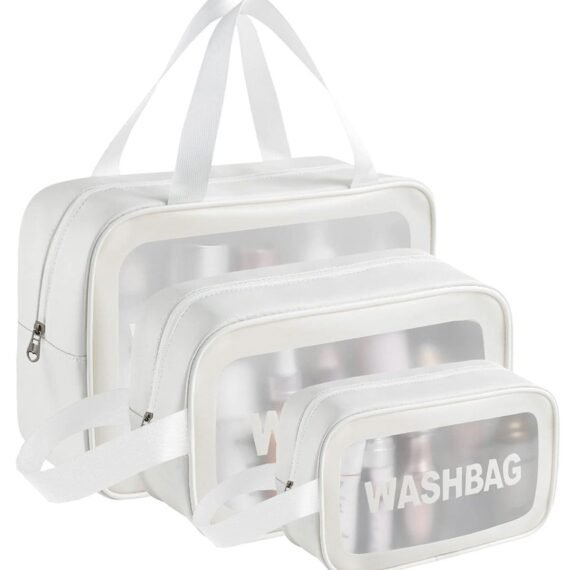 Cosmetic Bag,3 Pcs Toiletry Bag Makeup Bag Travel Bag Set for Toiletries, Portable Toiletry Bags for Traveling Women, Translucent Waterproof Make Up Bag for Travel and Bathroom (White)
