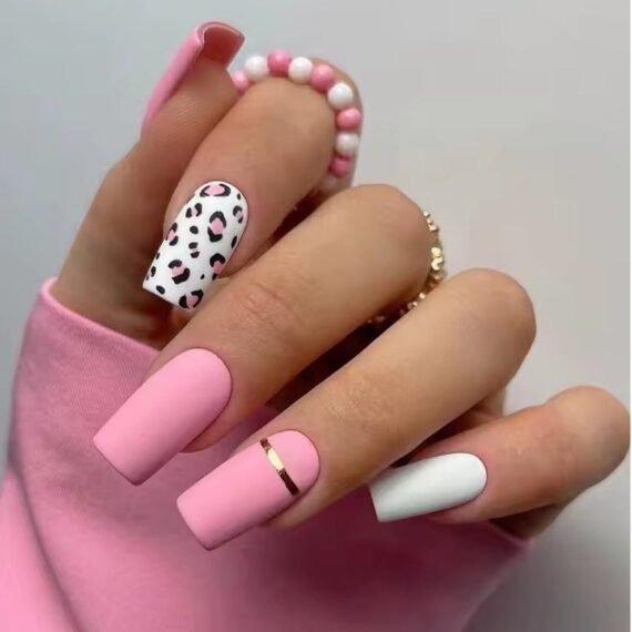 Summer Bar Leopard Print Pink White Frosted Long Square Wearable Fake Nail Full Cover Finished False Art Nail Press on Nail Glue