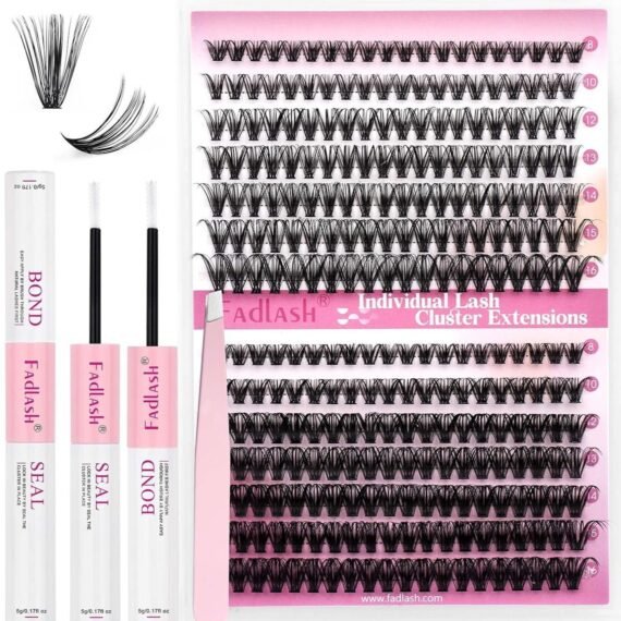 FADLASH DIY Eyelash Extension Kit, 240Pcs Lash Clusters with Bond and Seal, Applicator Tool, D Curl Thin Band Kit Easy to Apply (30D+40D Kit), Black, Pack Of 1, 10 g