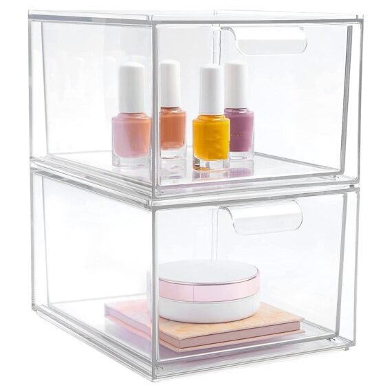 2 Pack Stackable Makeup Organizer Storage Drawers 4.4In Tall Acrylic Bathroom Clear Plastic Storage Bins For Vanity Undersink Kitchen Cabinets Pantry Organization
