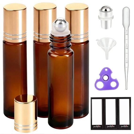 PrettyCare 4 Pack, 10 ml Essential Oil Roller Bottles with Stainless Steel Roller Ball - Refillable Leak-proof Empty Thick Amber Glass Roll on Bottles with Metal Caps for Travel, Perfume