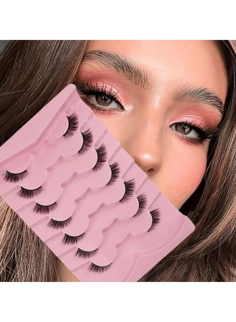 7 Pairs Half Eye Lashes Thick Fluffy Cat Eye Faux Mink False Eyelashes, Short And Long Volume Lashes