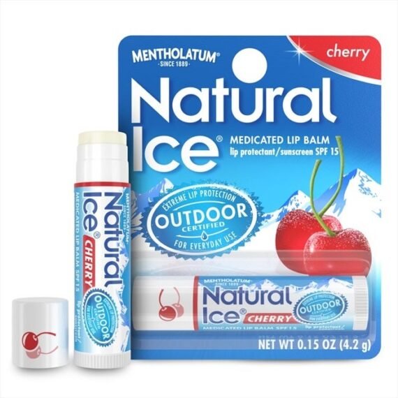 Mentholatum Natural Ice Cherry Flavor Medicated Lip Balm, Hydrating Lip Care for Dry, Chapped Lips, Moisturizing Formula with SPF 15 Helps Prevent Sunburn, Protection for Smooth, Soft Lips (12 pack)