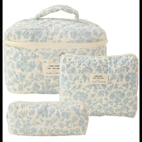 3 Piece Large Capacity Travel Cosmetic Bag Cotton Quilted Makeup Bag Flower Pattern Makeup Bag Floral Toiletry Bag for Women