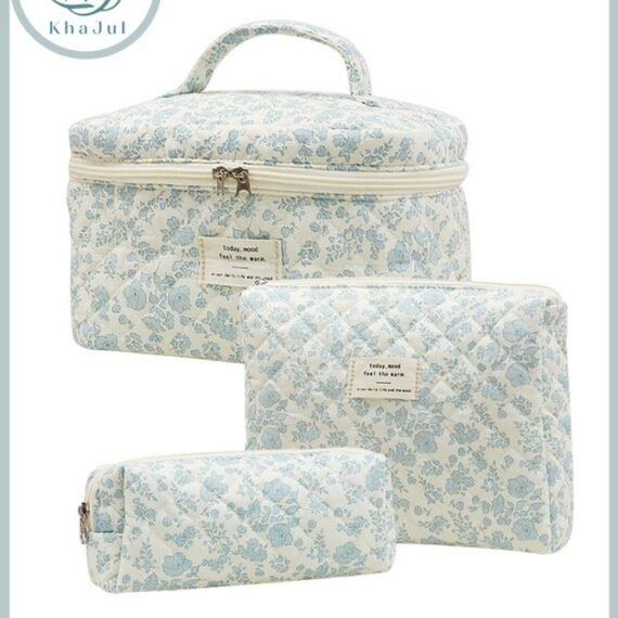 3-Piece Large Quilted Makeup Bag for Women and Girls, Lovely Floral Cotton Cosmetic Bag, Aesthetic Travel Organized Toiletry Bags (Blue Flowers)