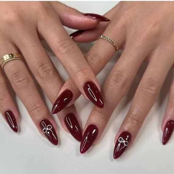 Press On False Nails 24Pcs,Almond-shaped Burgundy False Nails With Elegant Bow Patterns,Medium Fake Acrylic Nails With Glue Kit